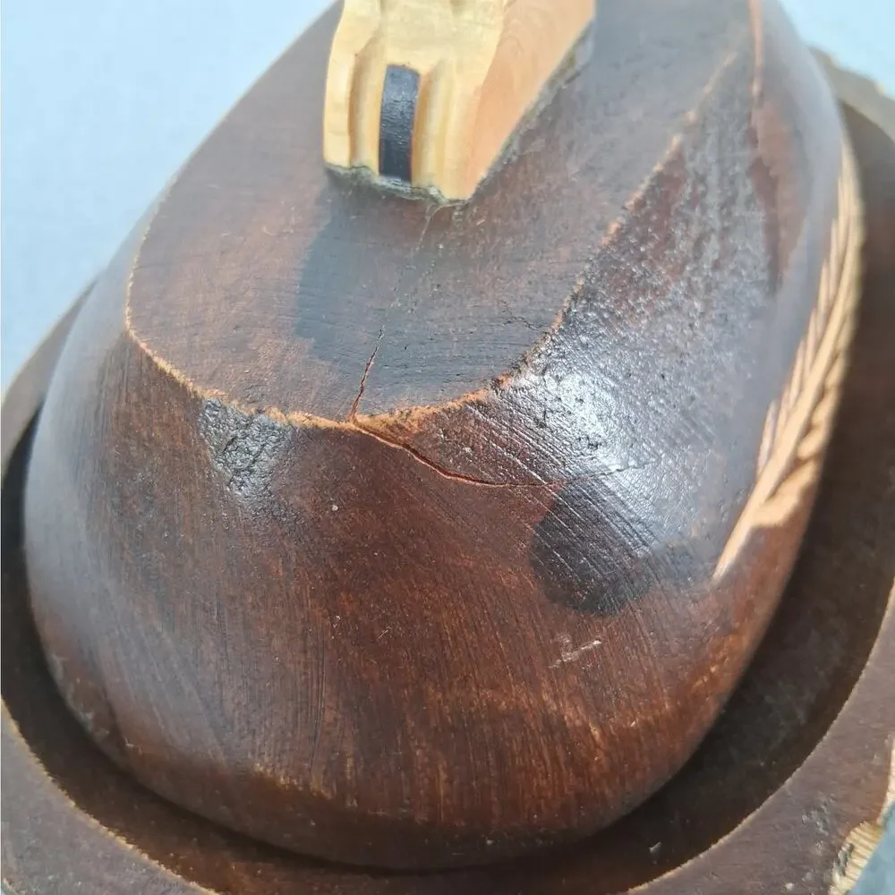 Dark Brown Oval Wooden Trinket Tray with Lid Wheat Carved on Lid
